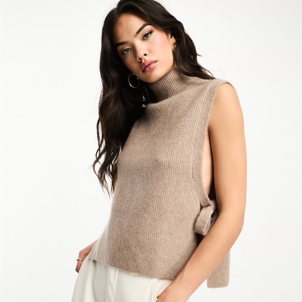 & Other Stories wool mock neck knitted top with side tie details in beige